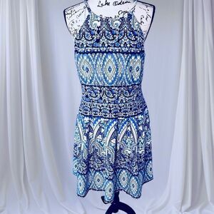 Vince Camuto Women’s 14 Blue & White Geometric Print Sleeveless Halter Dess Fit